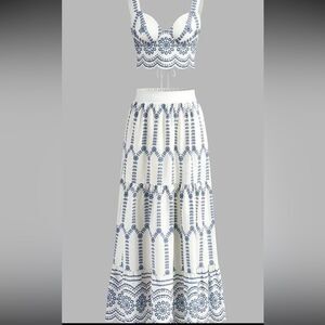 White and Blue Eyelet Two-Piece Skirt Set - Women